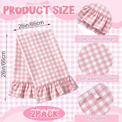 HunnmingRe Light Pink Kitchen Towels Set of 2, 100% Cotton Ruffled Gingham Dish Towels 18"x28" Absorbent Tea Cloths Classic Plaid Pattern for Farmhouse Charm, Drying Dishes, Entertaining Guests - color: Light Pink, style: Gingham