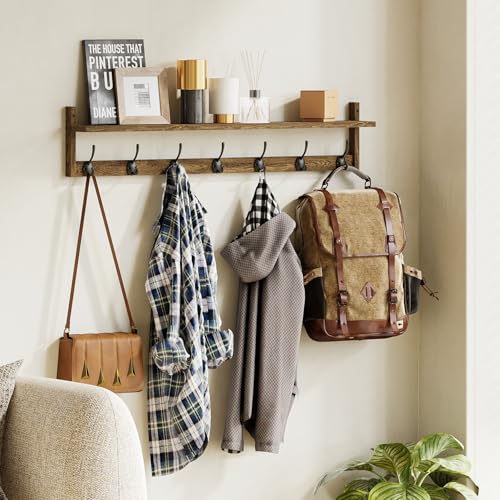 BAMEOS 35" L Wooden Coat Rack Wall Mount, Large Wall Coat Hooks with Shelf, Wall Hanging Shelf with 7 Dual Metal Hooks for Entryway, Bathroom, Kitchen, Living Room, Bedroom - style: Brown-35IN with shelf