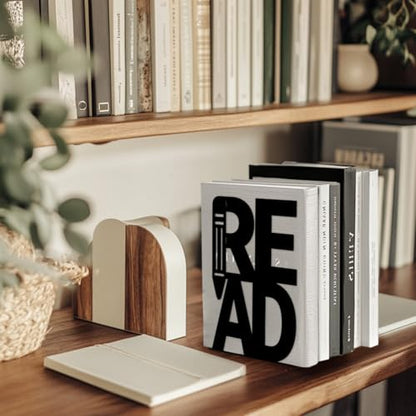 5.3"x4.3"x7.9" Metal Bookends, Heavy Duty Book Ends for Shelves | Read Theme Cast Iron Book Supports, 1 Pair Decor Stoppers for Desk, Library, Office & Home Shelves - style: Read