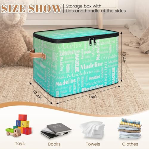 Custom Name Storage Basket, Personalized Keepsake Box, Green Cyan | Foldable Fabric Gradient Large Memory Bin with Handle Lid Lightweight Waterproof Dustproof, 14"L x 10.2"W x 10.4"H - color: Option 16