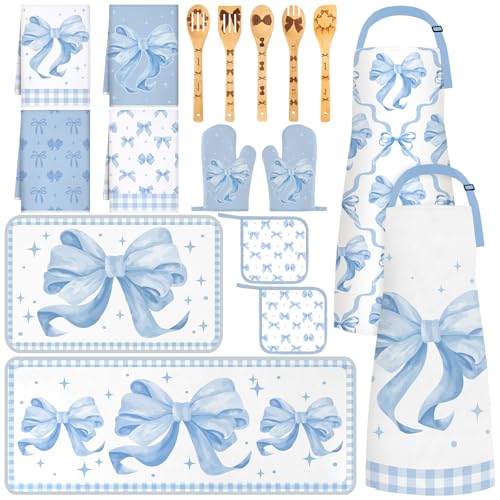 Bencailor 17 Pcs Blue Bow Kitchen Decor and Accessories Blue Bow Kitchen Rug and Mat Oven Mitts and Pot Holders Apron Dish Towels Cute Wooden Spoons for Home Decor Housewarming Gifts - color: Blue Bow