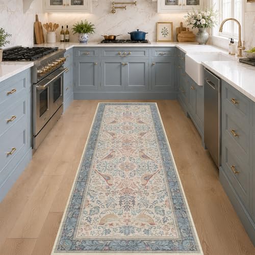 Natural Red Blue 2'6"x8' Hallway Runner Rug, Boho Kitchen Floor Mat for Indoor Entrance and Bathroom, Washable Vintage Floral & Bird Pattern Decor, Non Slip Rubber Backing - color: Blue & Red, size: 2'6" x 8' (Runner)