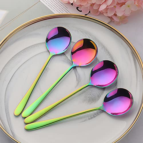 Buyer Star Round Stainless Steel Bouillon Spoons Soup Spoons, Stainless Steel Large Round Spoons, Deep Bowl Spoon Set for Soup Grain Dessert Milk, Dishwasher Safe (4 pcs Rainbow), C278D - size: 4 pcs Rainbow
