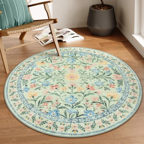 Lahome Sage Green Round Rug for Bedroom 4ft, Washable Small Kids Circle Rug | Boho Nursery Circular Soft Non Slip Carpet for Girl Room Entryway Bathroom - color: Tea Green, size: 4' (Round)