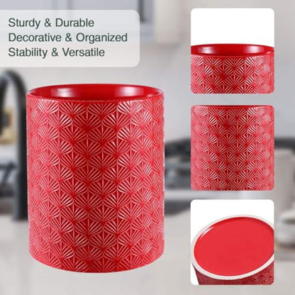 Ceramic Utensils Holder，Extra Large Stable Ceramic Cooking Tool Organizer Set for Kitchen，For Countertop ,Red - color: Red
