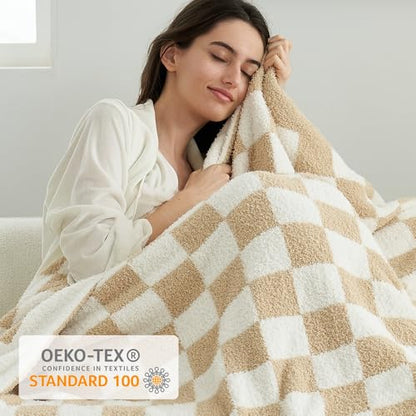 Snuggle Sac Checkered Bedding Blanket Twin Size 60x80, Super Soft, Cozy Warm Knit Blankets, Reversible Breathable Lightweight Fluffy Throws for Sofa, Bed, Checkered Beige, 60x80 Inches - color: Checkered Beige, size: Twin(60"x 80")