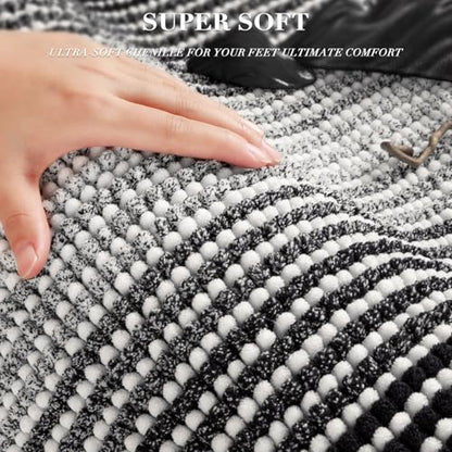 Bathroom Rugs Sets 3 Piece, Toilet Rugs U-Shaped Contour Bath Mat Set, Striped Absorbent Non Slip Chenille Shower Mat, Black - color: Black, size: 20"x32"+16"x24"+U Shape 20"x24"