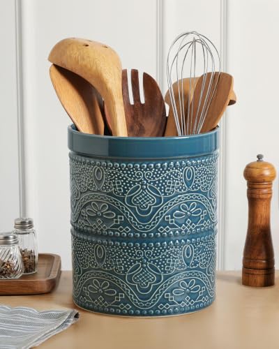 Kitchen Utensil Holder, 7.2" Super Large Utensil Crock Heavy and Stable Lace Emboss Ceramic Utensil Holder for Kitchen Counter (Grayish Blue) - color: Grayish Blue