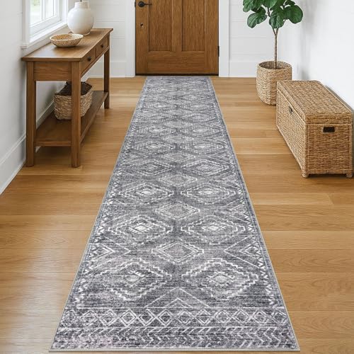KILOCOCO Hallway Runner 2x10 ft Washable Runner Rug Non Slip, Grey | Low-Pile Entryway Runners, Rubber Backed Runner Rug, Printed Kitchen Runner Rug, Soft Geometric Rugs for Hall Living Room - color: Grey, size: 2' x 10' (Runner)