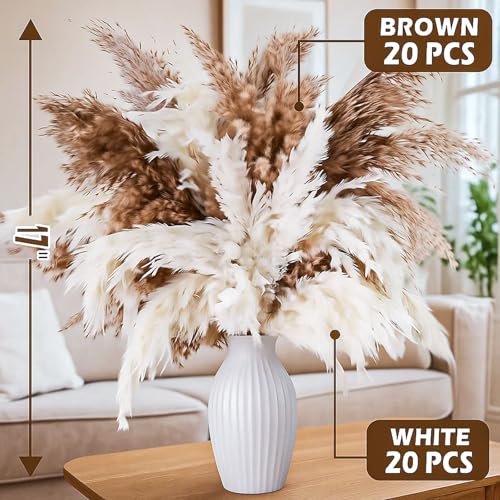 40 PCS Tall Pampas Grass for Floor Vase – 17" Natural Fluffy Dried Pampas Grass Stems, Large 20 White & 20 Brown Pоmpas Grass, Boho Pampas for Wedding, Home Decor, Halloween, Christmas