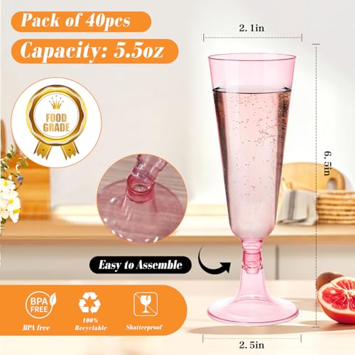 GuanQiao 40 Pack Pink Plastic Champagne Flutes, 5.5 Oz Clear Disposable Plastic Champagne Glasses, Wine Glasses Cups for Valentines Wedding Celebration Birthday Party New Years Eve Supplies - color: Pink, size: 40-pack