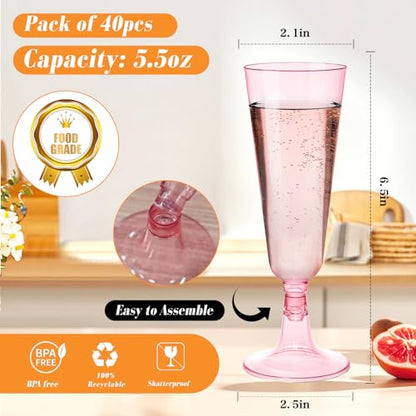 GuanQiao 100 Pack Pink Plastic Champagne Flutes, 5.5 Oz Clear Disposable Plastic Champagne Glasses, Wine Glasses Cups for Wedding Celebration Birthday Party Wine Tasting New Years Eve Party Supplies - color: Pink, size: 100-Pack
