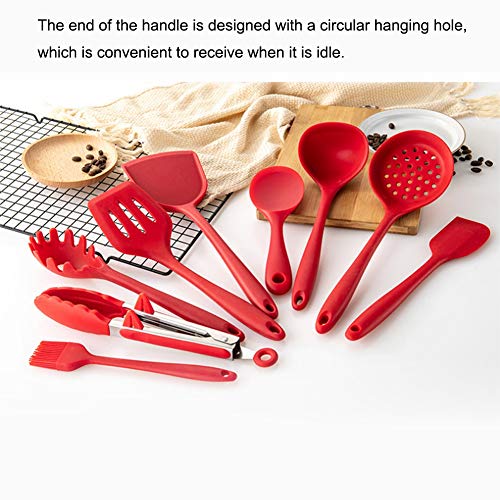 9 Piece Silicone Kitchen Utensil Set with Storage Holder - Non Stick Cooking Tools, Turner, Spatula, Heat Cookware, Red
