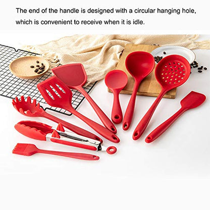 9 Piece Silicone Kitchen Utensil Set with Storage Holder - Non Stick Cooking Tools, Turner, Spatula, Heat Cookware, Red