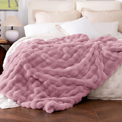 Ultra Soft Cozy Faux Fur Throw Blanket, Fuzzy Plush Thick Bubble Blanket, Oversize Luxury Fluffy Blanket for Couch, Bed, and Living Room, 60x80 Inches, Pink - color: Pink, size: Twin
