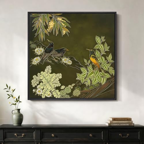 Framed Green Wall Art, Vintage Botanical Flower Bird Nature Canvas Prints Paintings for Walls, Rustic Olive Green Square Pictures Wall Decor for Living Room Bedroom Dining Room Bathroom, 24x24 In - color: Green-A, size: 24"L x 24"W