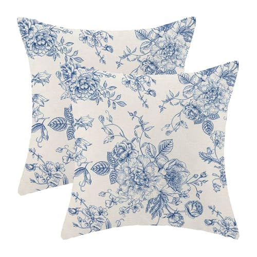 AEIOAE Chinoiserie Floral Pillow Covers 16 x 16 Inch Set of 2, Vintage Blue Flower Decorative Throw Pillow Covers Outdoor Linen Farmhouse Decor Pillowcase for Home Sofa - color: Blue Chinoiserie, size: 16" x 16" (Pack of 1)