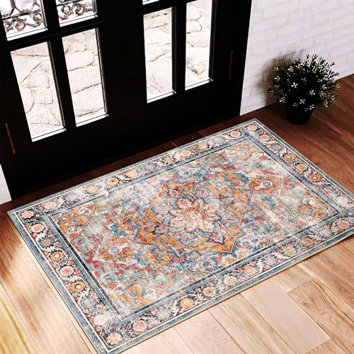 CHAMPLANT 2'x3' Washable Area Rug Door Mat Vintage Doormat Indoor Entrance Traditional Thin Floral Print Non Slip Carpet for Kitchen Bathroom Bedroom Living Room - color: Blue and Yellow, size: 2' x 3' (Rectangular)