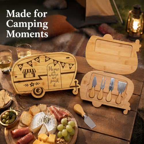 Foldable RV Charcuterie Boards Gift Set for Serving with Utensils | Happy Camper Bamboo Cutting Board, House Warming Gifts New Home, Wedding, Birthday & Bridal Shower Gifts for Women Couples - size: 11.7''L x 7.9''W