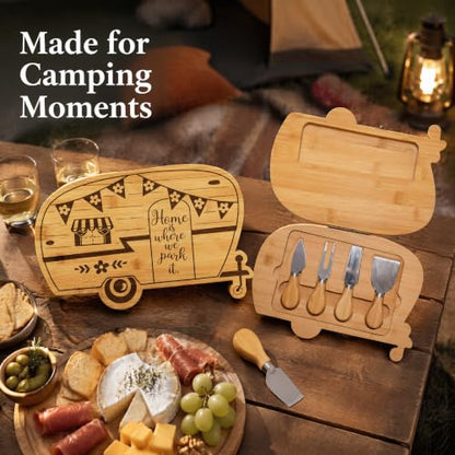 Foldable RV Charcuterie Boards Gift Set for Serving with Utensils | Happy Camper Bamboo Cutting Board, House Warming Gifts New Home, Wedding, Birthday & Bridal Shower Gifts for Women Couples - size: 11.7''L x 7.9''W