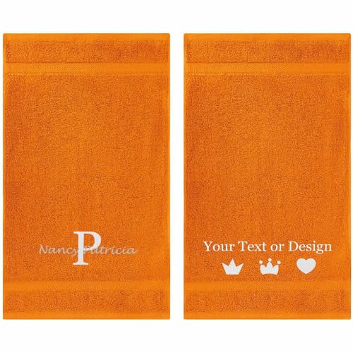 Personalized Hand Towels Set - Custom Turkish Cotton with Embroidered Name, Monogram - Soft & Absorbent Hand Towels - Orange, 16"x27" (2 Pack) - color: Orange, size: 2 Pack Hand Towels (16"x27")