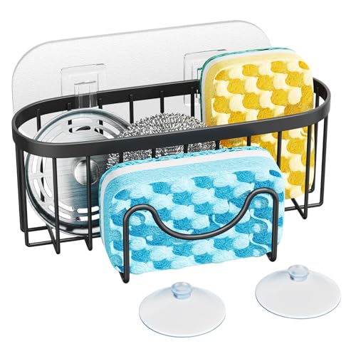 HapiRm Kitchen Sponge Holder for Sink - 2 Installation Methods Kitchen Sink Caddy Organizer with Unique M-Shaped, Rustproof Stainless Steel Sponge Caddy - Black（Large） - color: Black, size: with M-shaped Holder (Large)