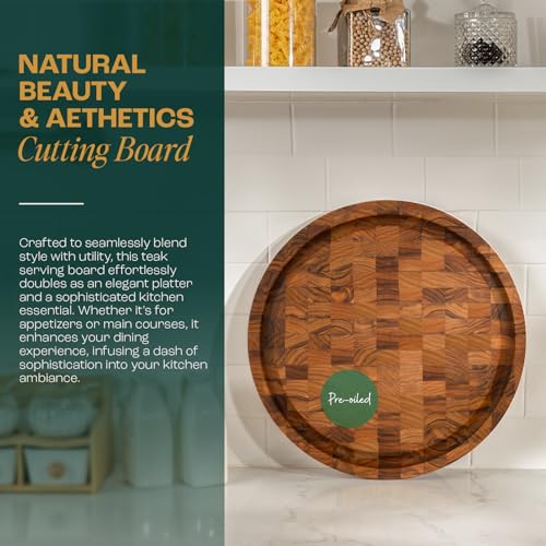 Yes4All Round Teak Cutting Boards for Kitchen, [16"D x 1"Thick] End Grain Cutting Board, Teak Wood Serving Board, Food Safe Surface for Slicing and Serving, Wood Charcuterie Board with Build In Handle - size: 16"L x 1"W, style: Teak
