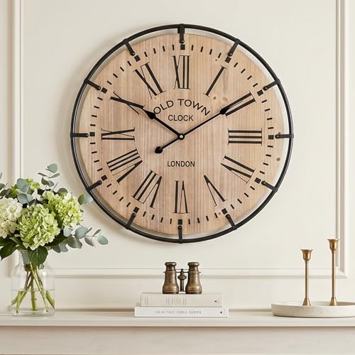 EMAX HOME 20 Inch Large Farmhouse Wall Clock, Light Wood Grain Face with Black Metal Frame, Silent Non-Ticking Quartz Movement, Easy-to-Read Roman Numerals, for Living Room, Bedroom, Kitchen. - color: Brown, size: 20 Inch Black numerals