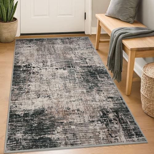 KILOCOCO Abstract Area Rug 3x5 Entryway Rug Washable Rugs, Black/Brown | Non Slip Kitchen Rugs, Soft Front Door Rug, Machine Washable Rugs 3x5, Indoor Foyer Rug, Printed Living Room Floor Carpet - color: Black/Brown, size: 3' x 5' (Rectangular)
