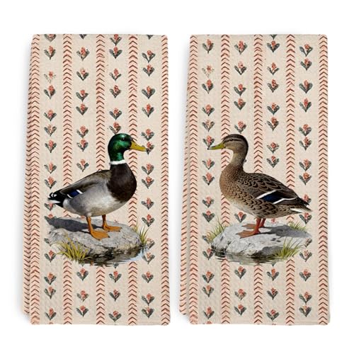 Vintage Mallard Duck Kitchen Towel and Dish Towel Set of 2, Duck Hunting Gifts, Rustic Floral Striped Decor Hand Towels, Farm Animal Decorative Hand Dish Tea Towels for Nursery Kitchen,16x24 - color: Mallard
