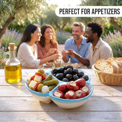 3-Compartment Ceramic Serving Dish, Handmade in Spain | 7.5” divided chip and dip bowl with lead-free glaze, microwave, oven and dishwasher safe, ideal for tapas, snacks and sauces - color: Blue Daisy
