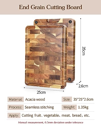XINZUO Acacia Wood End Grain Cutting Board (13.8''L x 9.8''W x 1''T)-Wooden Chopping Board with Non-Slip Feet, Side Handles and Juice Groove - size: 13.8"L x 9.8"W