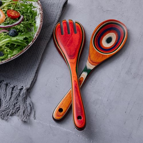 Pakkawood Salad Tongs,10.5 inch wooden Spoons, Serving utenstil colorful wood Salad Servers set, Kitchen cooking utensil set. - color: Pakkawood