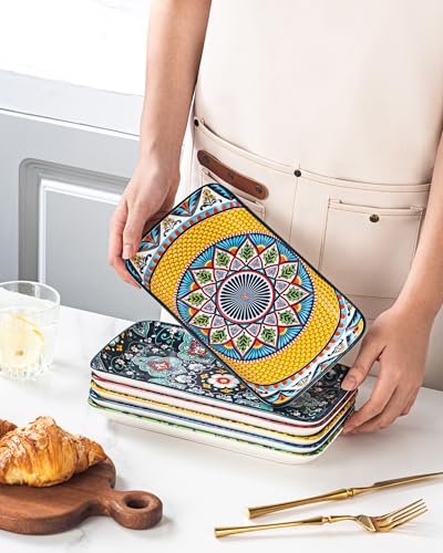 Boho Ceramic Rectangular Serving Plates Set of 6, 10 Inch Dinner Plates | Assorted Patterns, Ideal for Sushi, Salad, Appetizers, Bread & Side Dishes, Microwave & Dishwasher Safe - size: 10 Inch