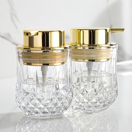 Enra Glass Soap Dispenser Set, 2 Pack Gold Pump Hand Liquid Soap Dispenser | Refillable Clear Glass Bottles with Premium Pumps.Perfect for Bathroom,Kitchen Sinks,Countertops and Modern Home Decor. - color: Clear-gold Liquid-2pack