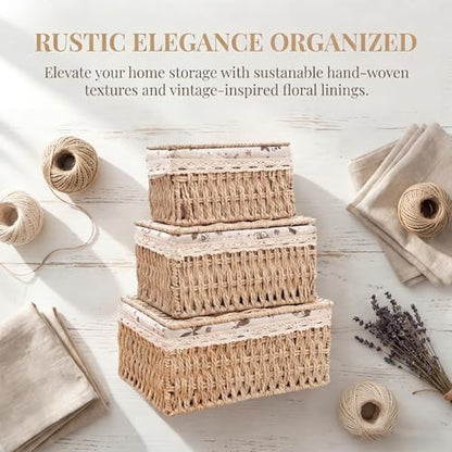 Storage Baskets with Lids, Set of 3 Wicker Baskets with Lids, Shelf Baskets Multipurpose Container, Large Wicker Basket Cube Storage Bins with Liners for Bedroom, Living Room, Bathroom