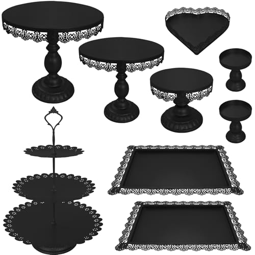 Set of 9 Cake Stands Metal Cupcake Stand Set Multiple Styles Candy Fruit Display Tower Dessert Plate Cake Serving Tray for Birthday Party Wedding Anniversary Baby Shower Engagement (Black) - color: Black
