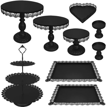 Set of 9 Cake Stands Metal Cupcake Stand Set Multiple Styles Candy Fruit Display Tower Dessert Plate Cake Serving Tray for Birthday Party Wedding Anniversary Baby Shower Engagement (Black) - color: Black
