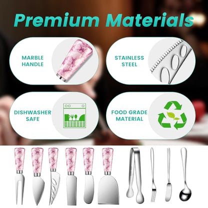 Marble Pink Cheese Knife Set, Ceramic Handle Charcuterie Board Accessories Butter Spreader Knife Slicer With Serving Tongs, Spoons, Forks, Flags, Wooden Honey Dipper - color: Marble Pink