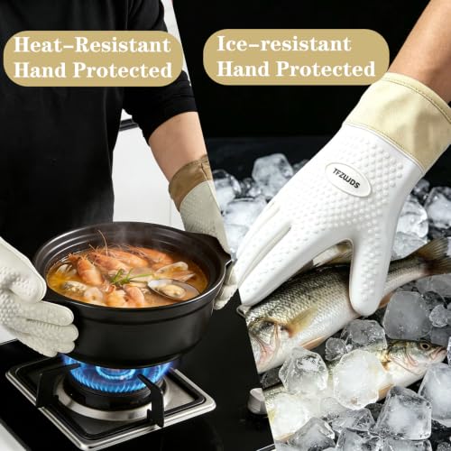 Silicone Oven Gloves with Fingers Heat Resistant 450°F in Kitchen | 1Pair Silicone Oven Mitts, Waterproof, Non-Slip, Extended Cuff Cotton Lined Kitchen Mitts for Baking Cooking Barbecue(White) - style: white-large
