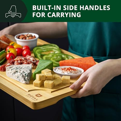 ROYAL CRAFT WOOD Bamboo Cutting Board with Juice Groove - Kitchen Chopping Board for Meat Cheese and Vegetables, Heavy Duty Serving Tray - color: Natural, size: 15"L x 10"W