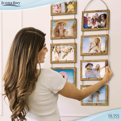 5x7 Hanging Picture Frames Collage with 8 Openings - Rustic Brown, 2 PK | Icona Bay casual style engineered wood frames, designed for wall hanging, space-saving photo display, Bliss collection - color: Rustic Brown, size: 5x7