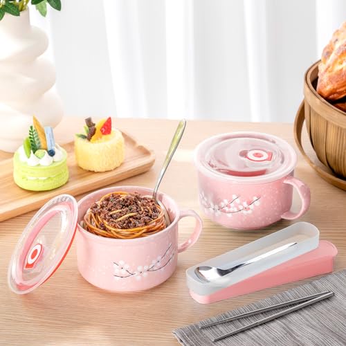 2 Pcs 30 oz Ceramic Soup Bowl with Lid and Handle Snow Flake Blossoms Cherry Pattern Microwave Soup Mug Instant Noodles Cup,2 Sets Stainless Utensils Fork Spoon Chopsticks with Case(Pink) - color: Pink