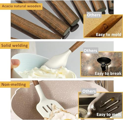 Non-Stick Silicone Kitchen Utensils Set with Natural Acacia Hard Wood Handle, Umite Chef 8 Pieces Kitchen Spatulas set, White, BPA Free, Baking, Serving and Cooking Utensils - color: White