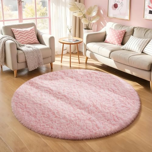 Ophanie Pink Round Rug for Bedroom Girls, Kids Fluffy Kawaii Fuzzy Shag Circle Circular Area Rugs, Cute Plush Christmas Small Carpet 4Ft 4 Foot, for Teen Baby Nursery Home Living Room Decor Aesthetic - color: 5- Pink, size: 4' (Round)