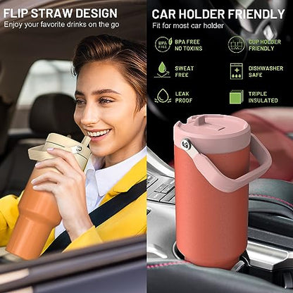 40 oz Insulated Tumbler with Top Handle and Flip Straw | Vacuum Insulated Stainless Steel Cup with Leak-Proof Lid, Sweat-Free, Fits Cup Holder, Keeps Ice Cold up to 30 Hours - color: Atrovirens, size: 40 Ounces