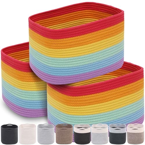 CHAT BLANC Cotton Rope Baskets for Organizing, Shelves, Toys, Storage, Shoe, Bathroom, Laundry, Towel, Nursery, Home Decor, Blanket, Cloth Woven Bins Fabric (Rainbow, 15"x10"x9") - color: Rainbow