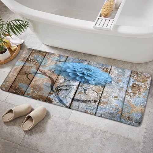 Farmhouse Floral Flower Bath Mat, Dahlia Rustic Wooden Plank Country Barn Wood Blue Flower Non-Slip Flannel Soft Doormat Floor Entryways Outdoor Indoor Front Door Mat, (16X48) - color: Blue, size: 1'4" x 4' (Rectangular)