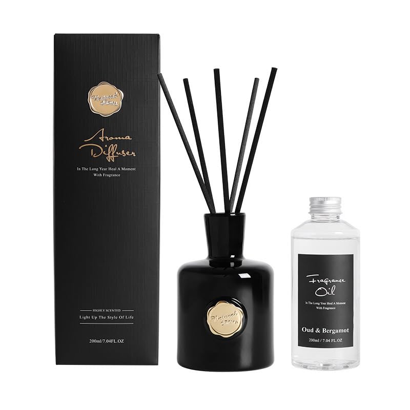 Oud & Bergamot Reed Diffuser, Long Lasting Essential Oil Fragrance | Long Lasting, Essential Oil Fragrance, Strong Scent - color: Black