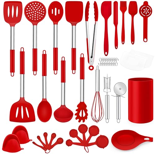 LIANYU 43 Pcs Kitchen Cooking Utensils Set, Silicone Cooking Utensils Spatula Set with Holder, Heat Resistant Kitchen Gadgets Tools for Nonstick Cookware Set, Stainless Steel Handle, Red - color: Red